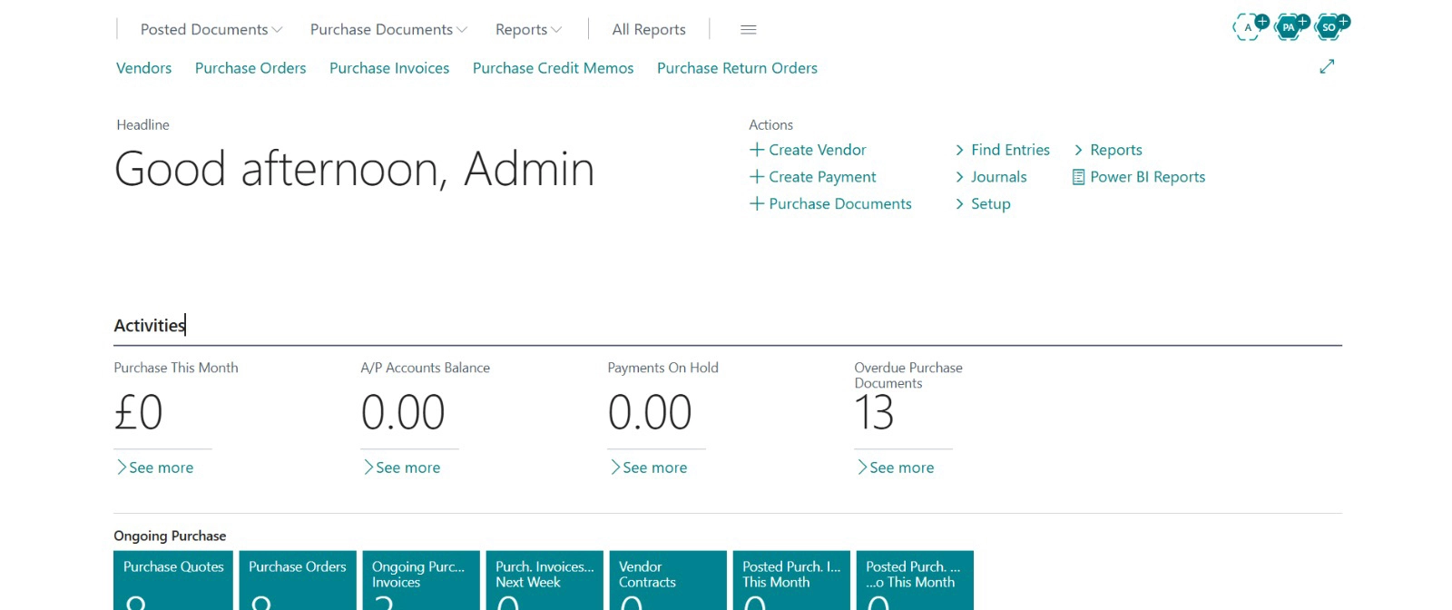 Dashboard Microsoft Dynamics 365 Business Central - Purchasing