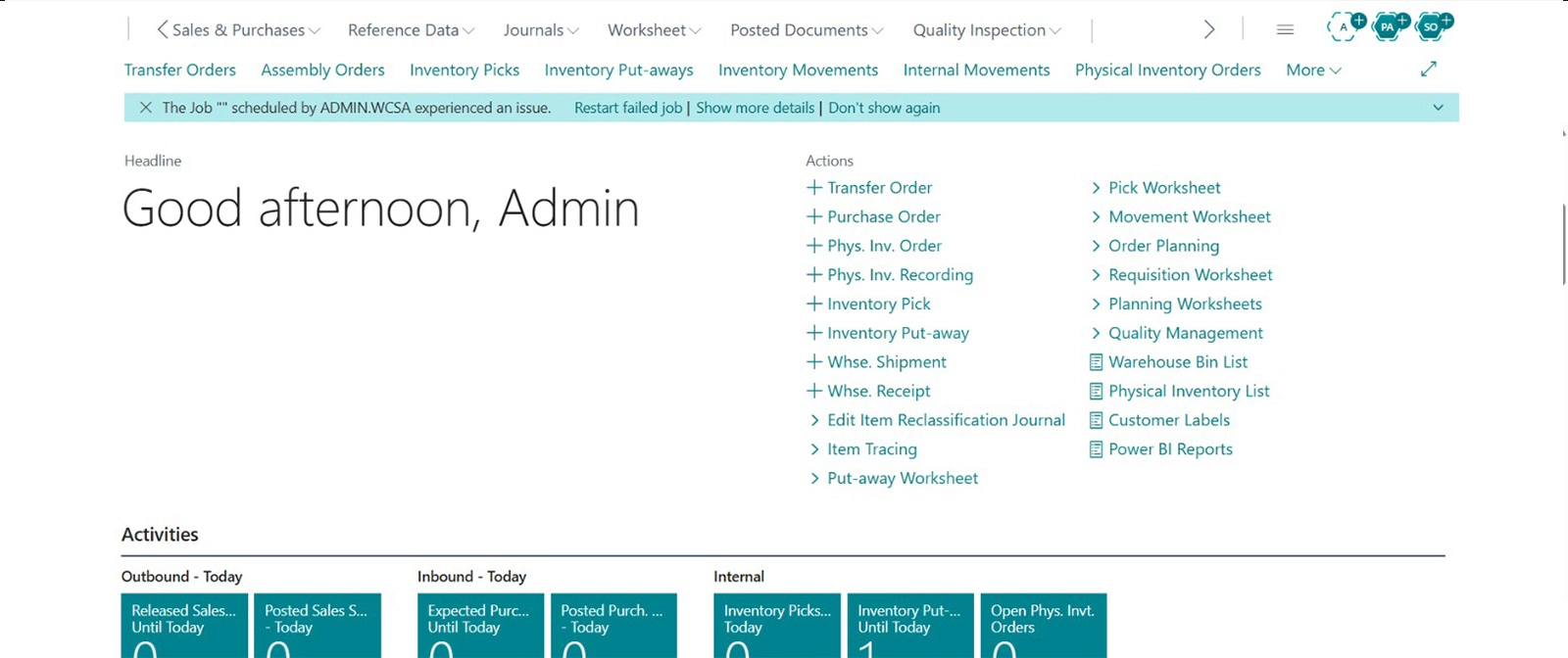 Dashboard Microsoft Dynamics 365 Business Central - inventory